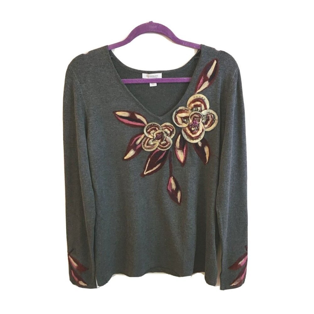 Boston Proper Gray Sweater Size Medium LS Felted & Sequins V Neck
